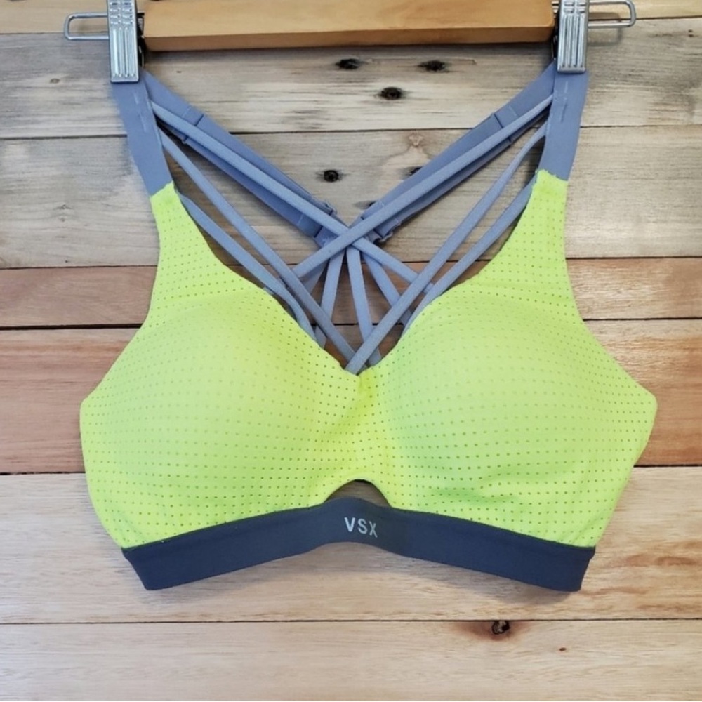VSX Victoria Secret Sport Bra Yellow Mesh Criss Cross Racerback Workout Fitness
